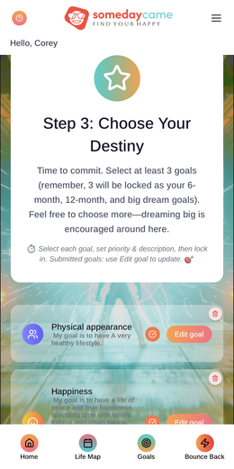 Someday Came Goals — Choose Your Destiny screen